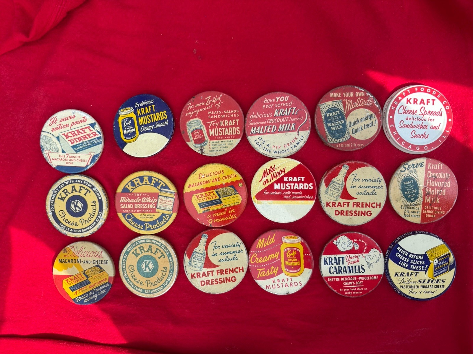 Vintage 1940-60 Advertising Kraft Metal Jar Lids Lot of 18 All Dif Dairy Food A2