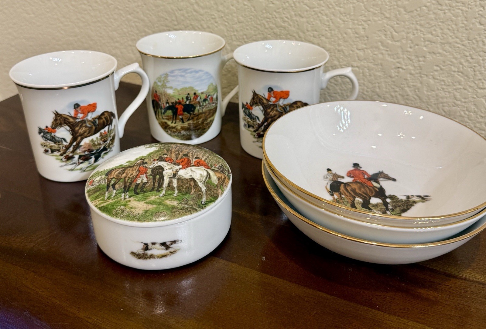VTG English Bone China Fox Hunt Equestrian Lot 7 pc  Mugs Bowls Trinket Box Set