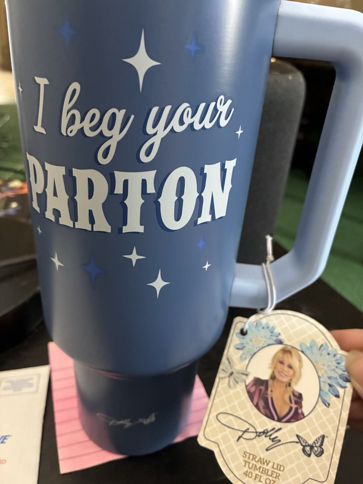 I beg your Parton Dolly Parton 40 oz Stainless Steel Tumbler with Handle Blue