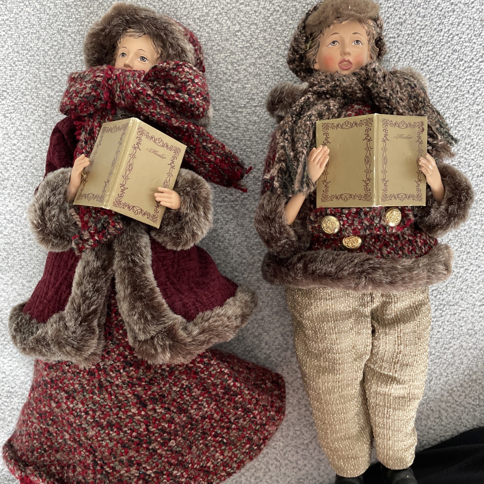 Two Vintage Christmas Carolers Caroling Dolls  Tallest 14.5” RARE Real Clothes
