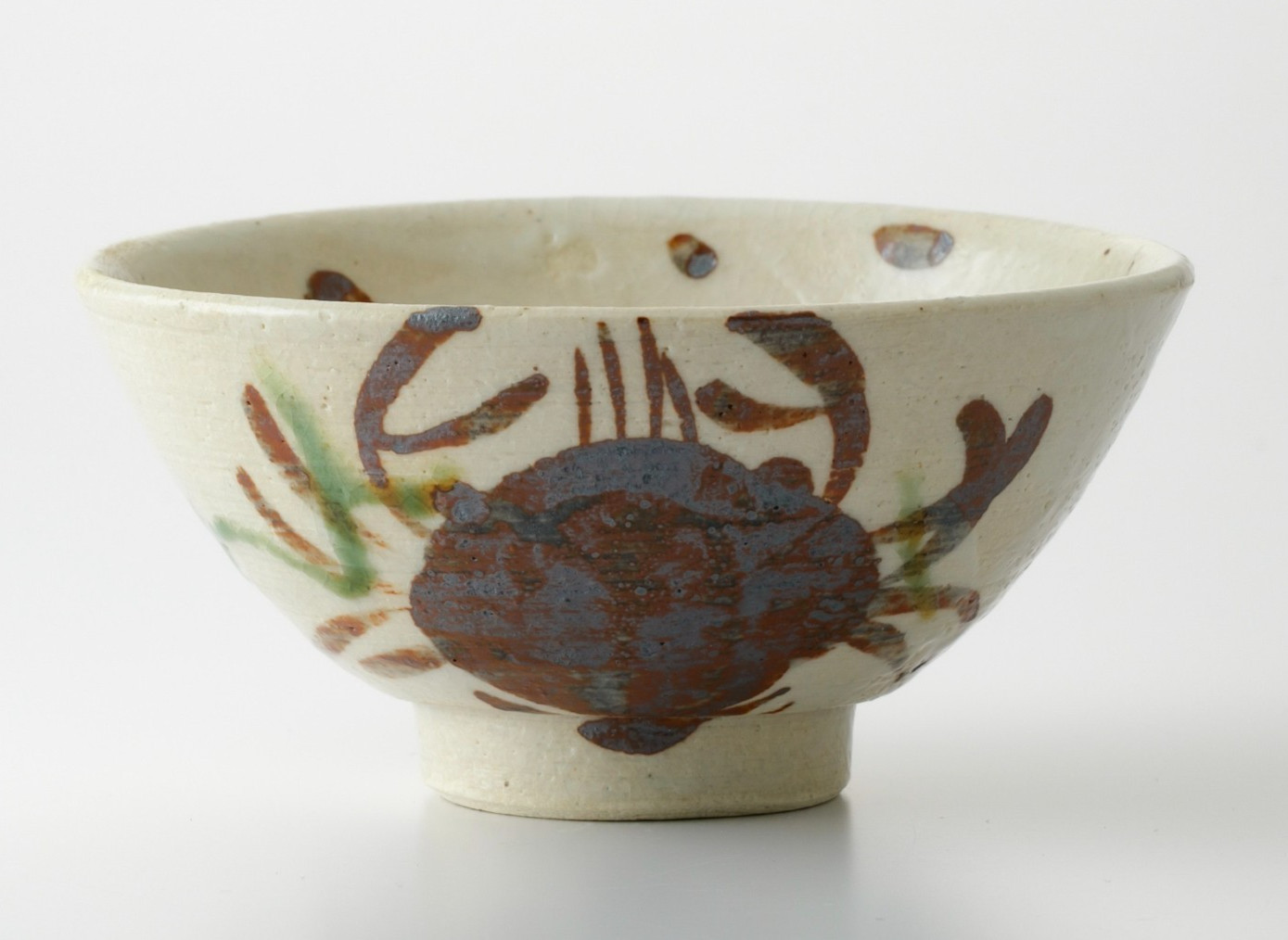 Japanese Handmade Chawan Rice Bowl Shino White Crab Motif Pottery Mino Ware