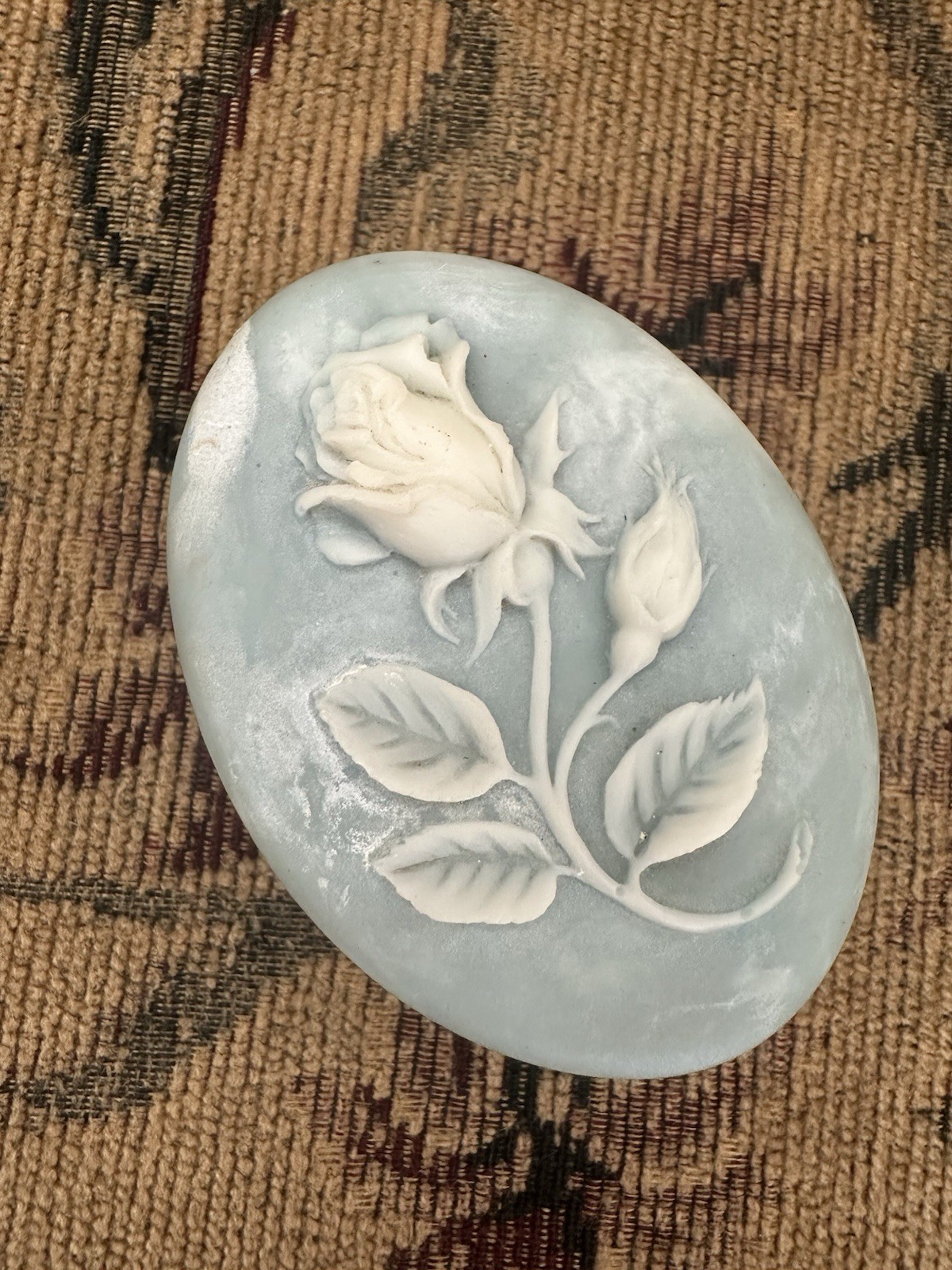 Vintage Incolay Box Blue Stone Rose Carved Oval Trinket Box