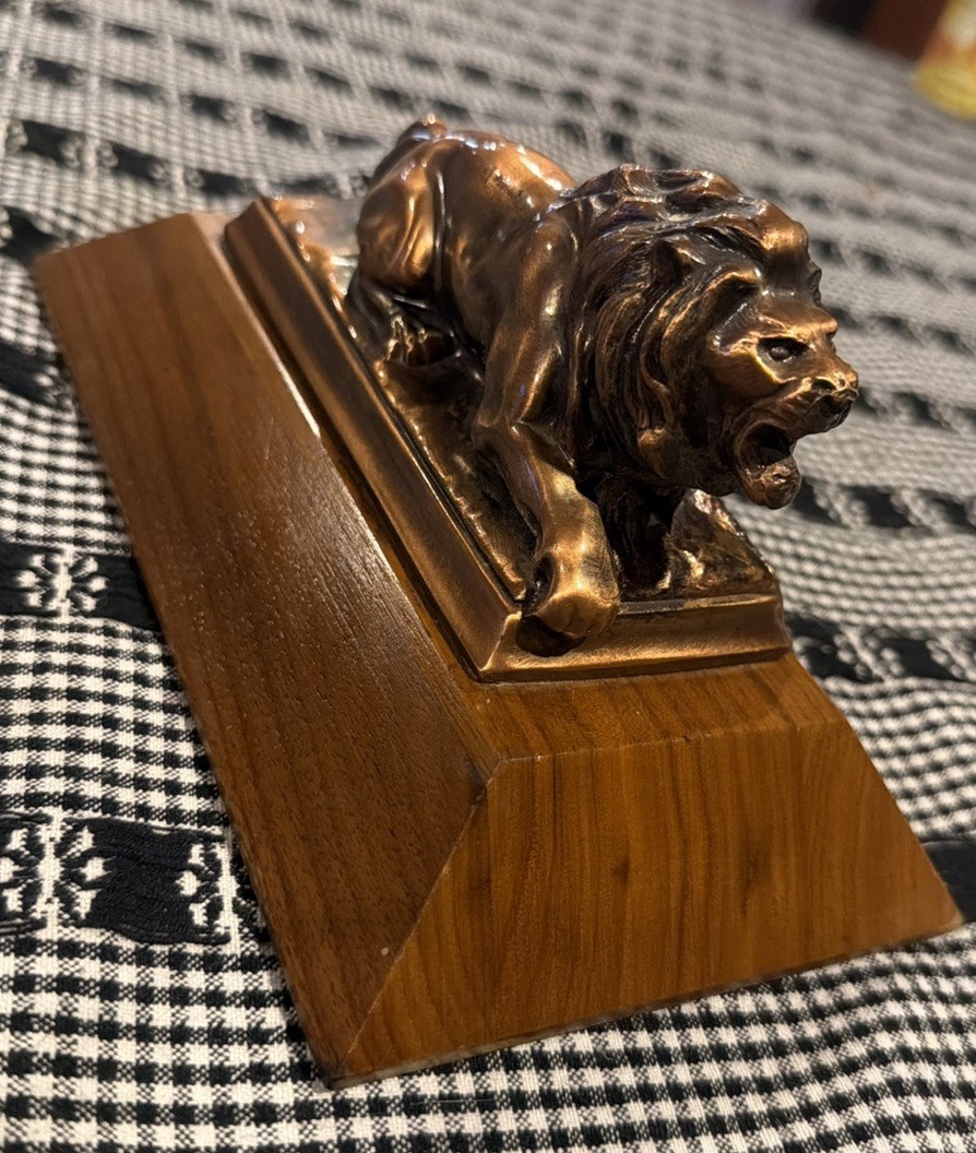 Antique Hardwood Mounted Solid Bronze Lion Figurine Statuette Paperweight 