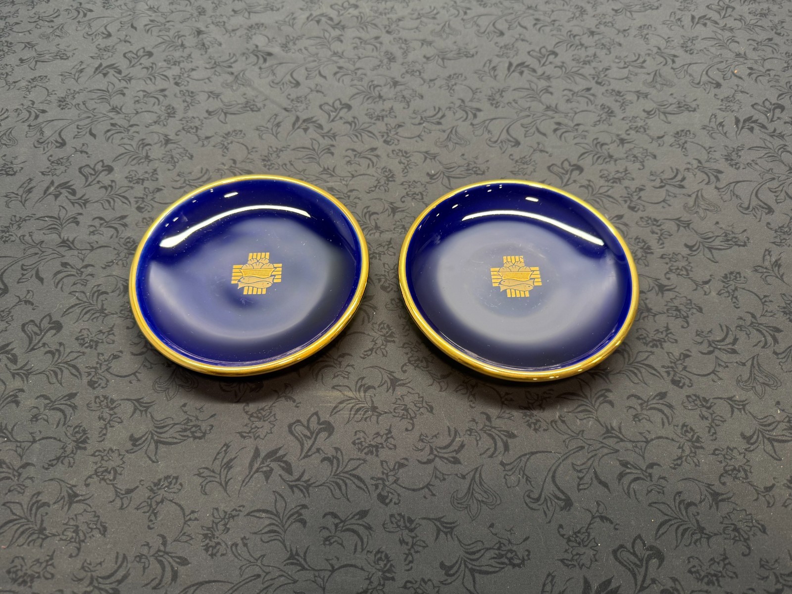 Pair of Slabbinck Ceramic Patens - Cobalt Blue & 12% Gold Trim Liturgical Set