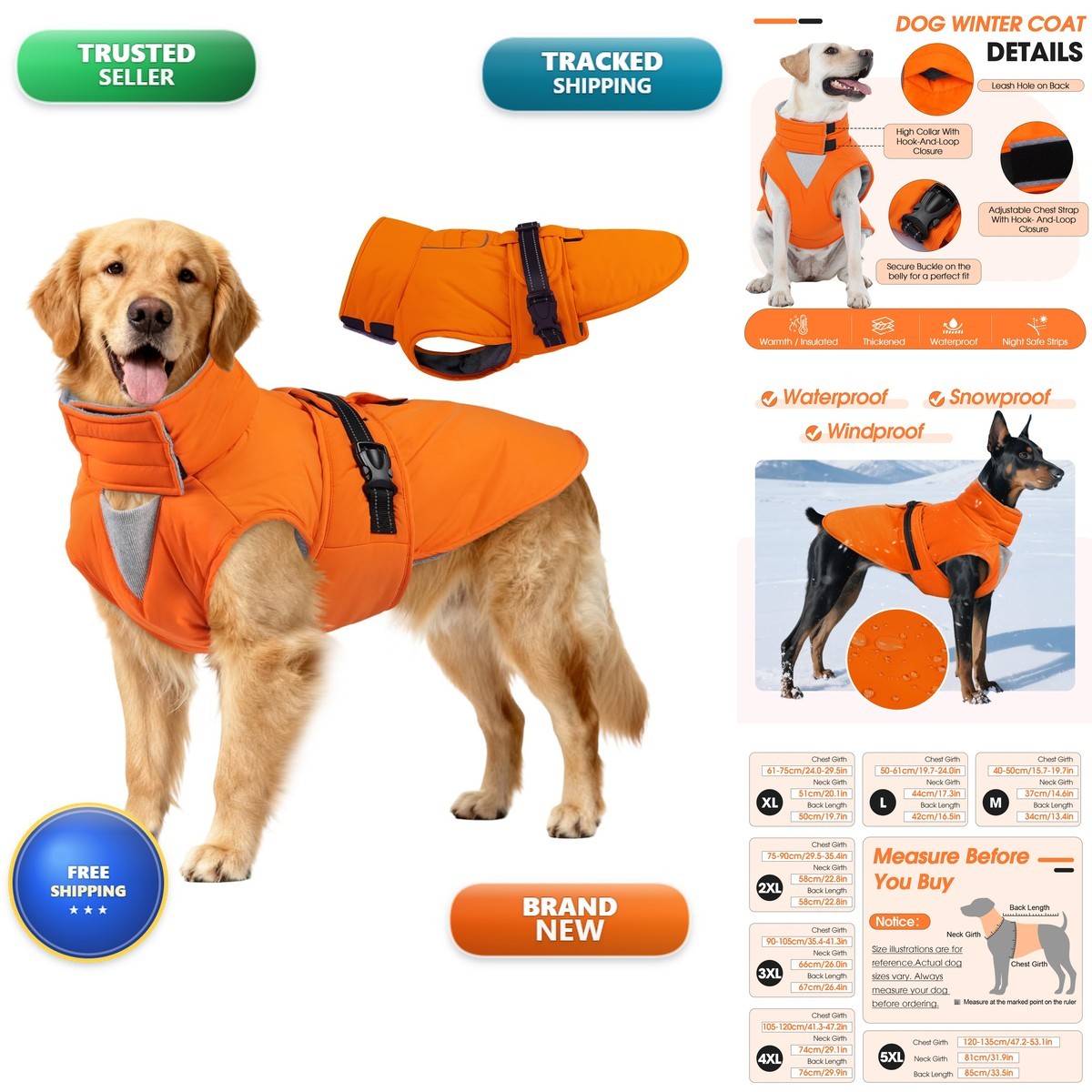 OUOBOB Waterproof Dog Jacket Fleece Lined Orange 2XL