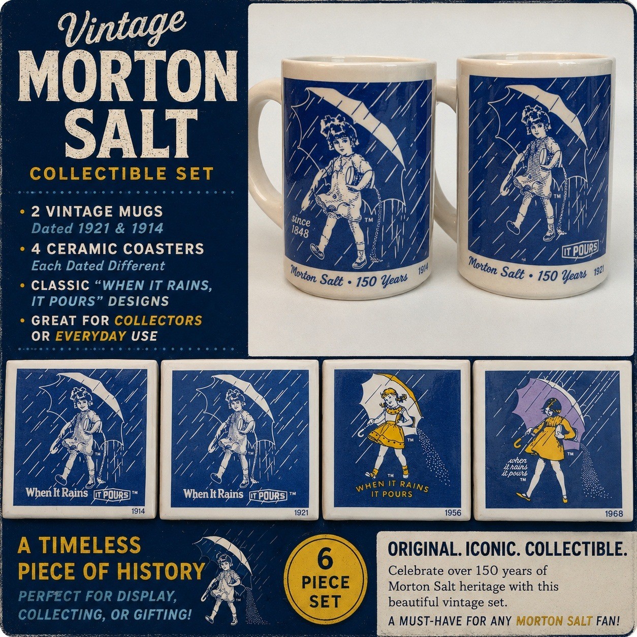 Vintage Morton Salt 150 Years 6 Piece Set 2 Mugs 4 Ceramic Coasters 1914-1968