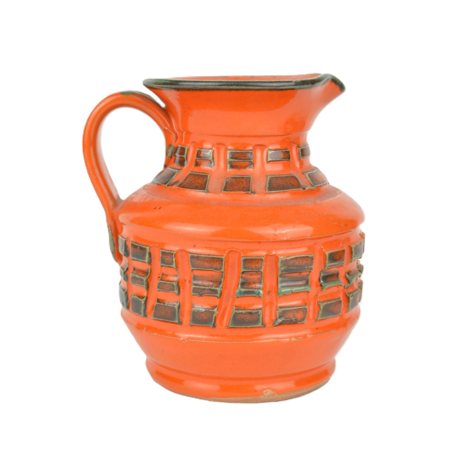 Vintage Italian Pottery Incised Orange Black Geometric Pitcher Vase Bitossi READ