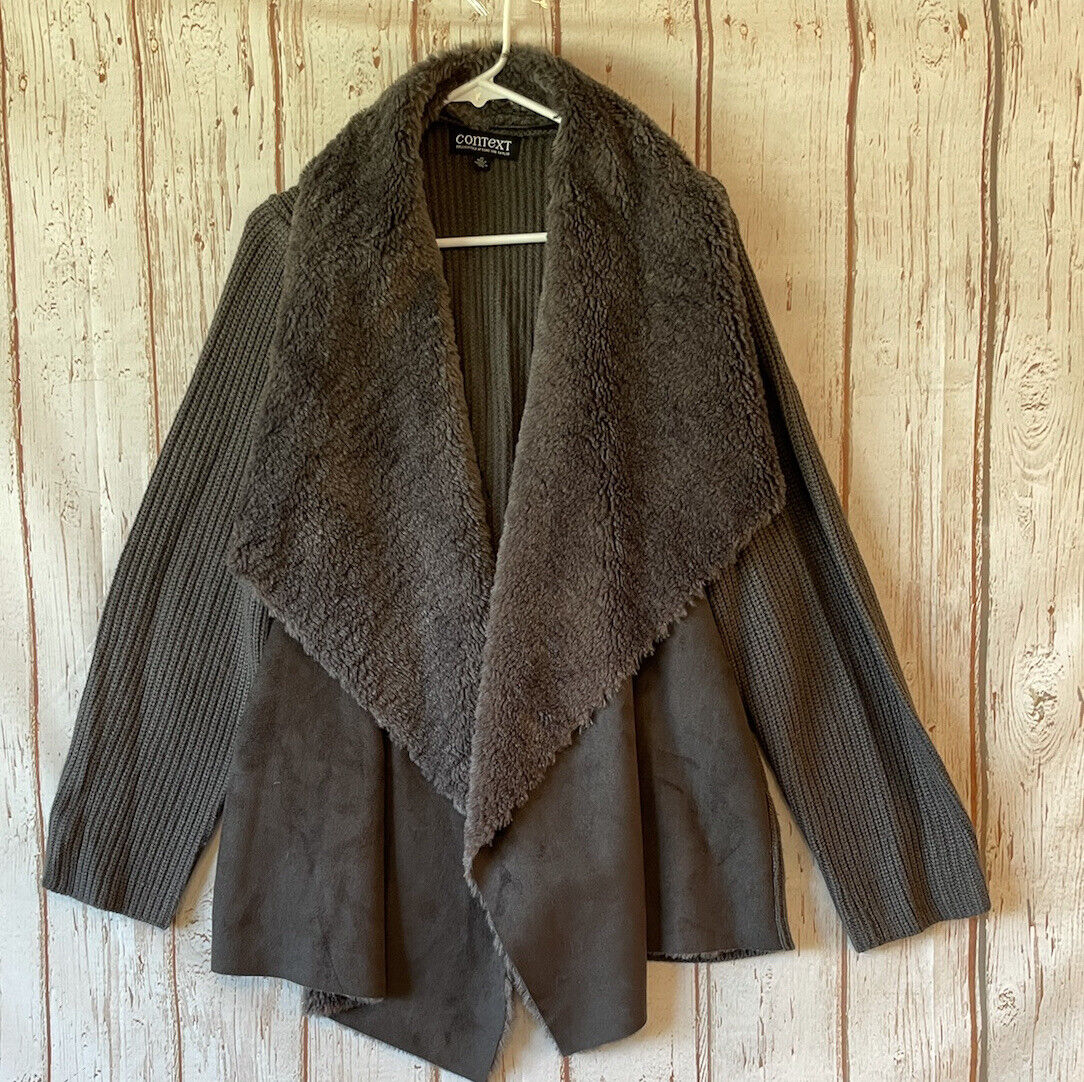 Context Lord & Taylor Knit Faux Fur Cardigan Open Front Collared Duster Brown 2X