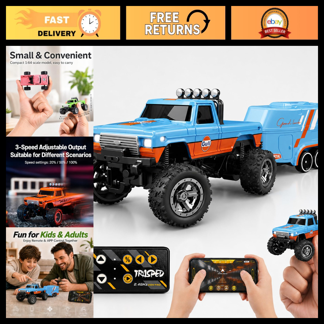 1:64 Scale Mini Remote Control Monster Truck with Trailer | 2.4GHz & App Dual Co