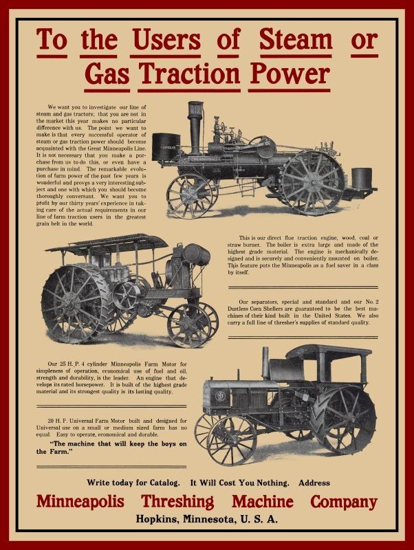 1912 Minneapolis Threshing Machine Steam & Gas Tractors NEW Metal Sign: 12x16