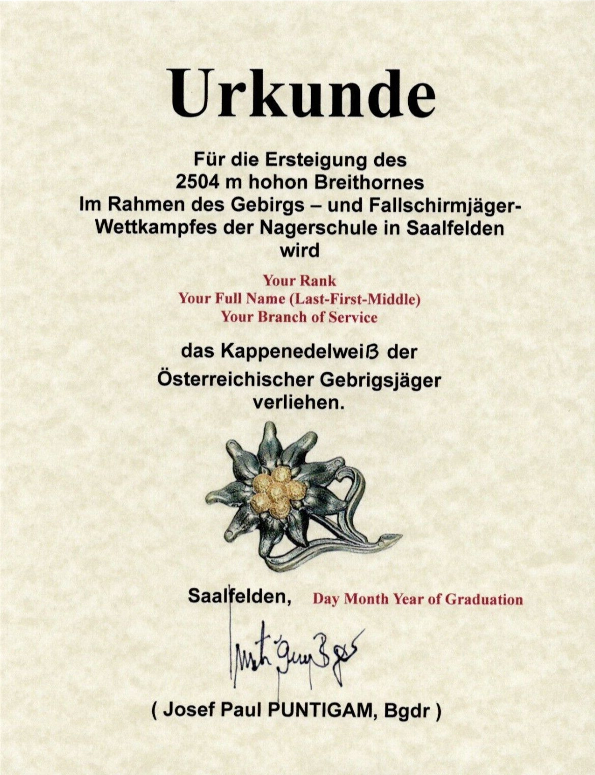 German Mountain Troops Edelweiss Badge Certificate