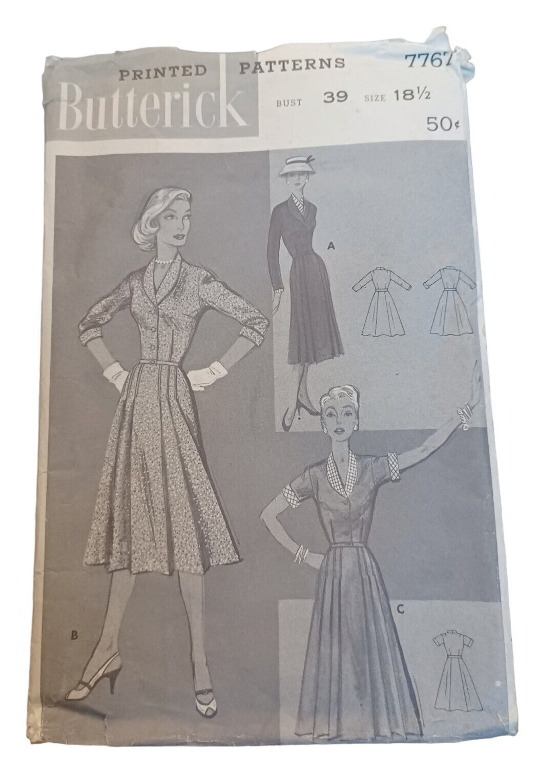 Vtg 1950s Butterick Sewing Pattern 7767 Front Pleated Dress Sz 18 1/2