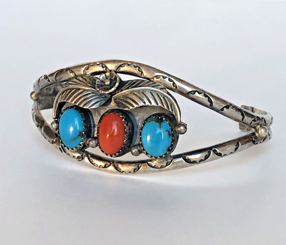 Gorgeous Vintage Turquoise & Coral Sterling Silver Cuff