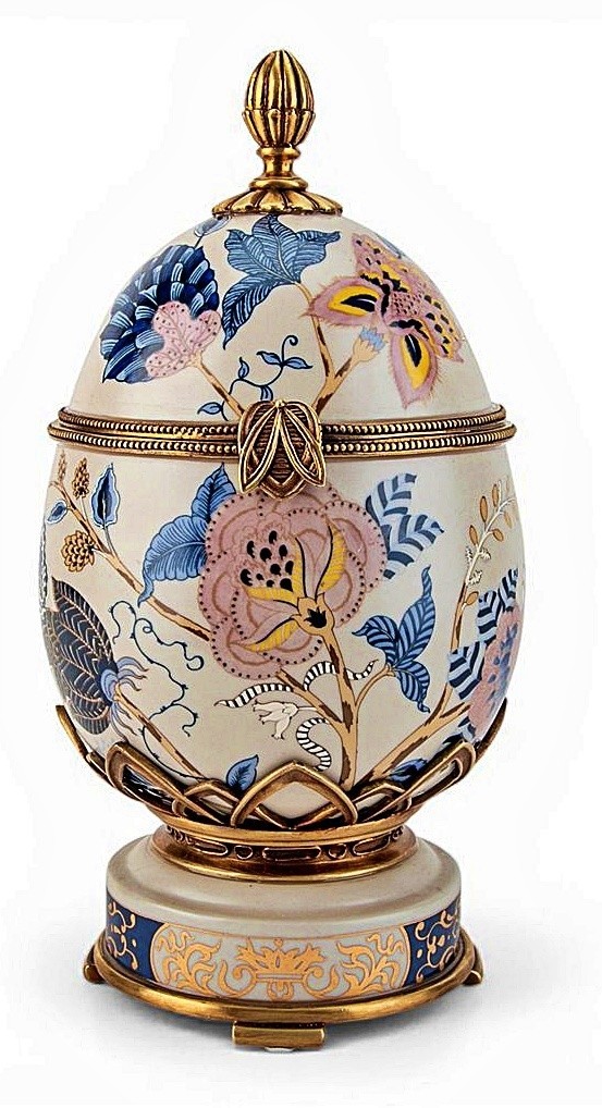 Colorful Hinged Porcelain Egg-Shape Box. Hand Painted. Bronze Trim, Base (11\