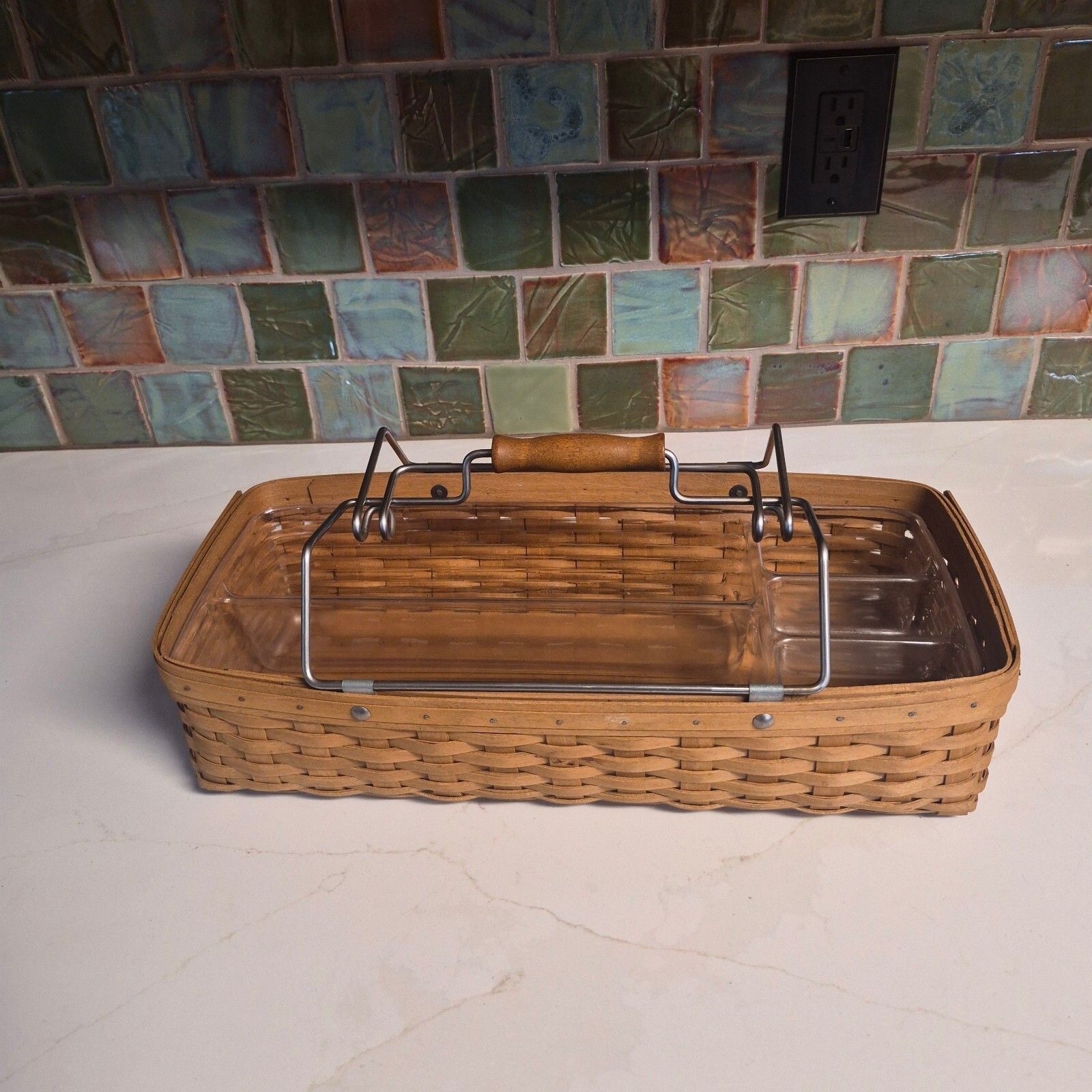 Longaberger Handmade Woven Basket with Wooden Handle and Clear Plastic Insert