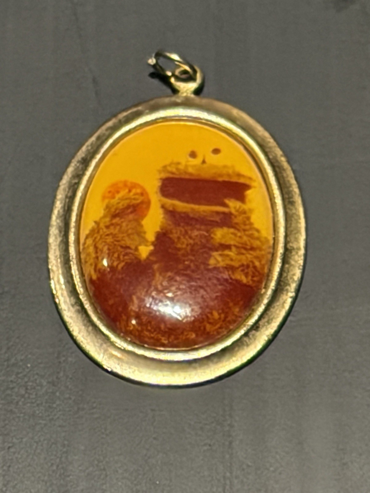 Vintage Sesame Street Cookie Monster Pendant Charm Gold Tone Oval 1970s Muppets