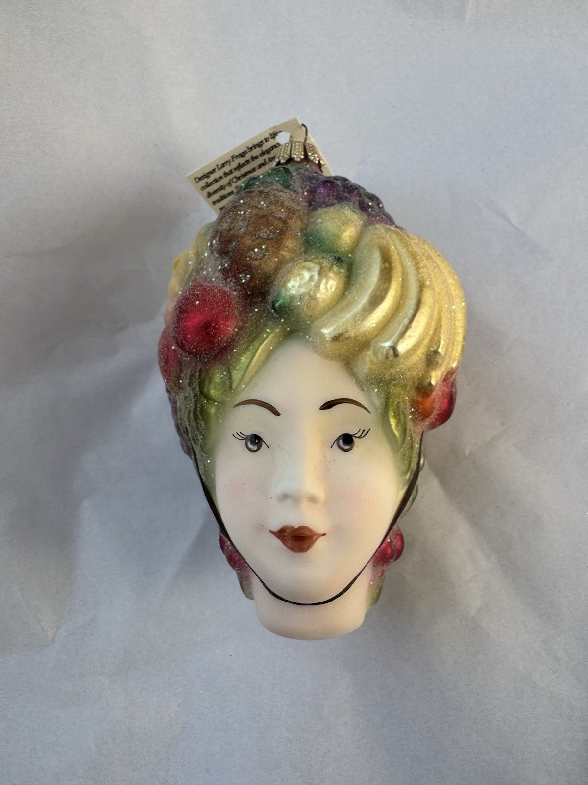 NWT Vintage Larry Fraga Ornament Christmas Woman Head Fruit Glitter Germany