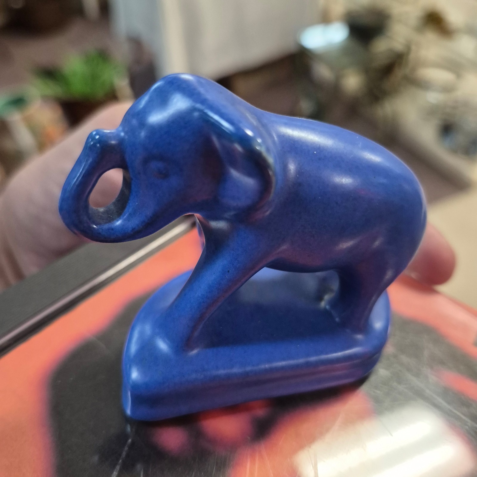 Vintage Blue Matte Pottery Elephant Figurine Trunk Up Signed Base Oval 4-5in