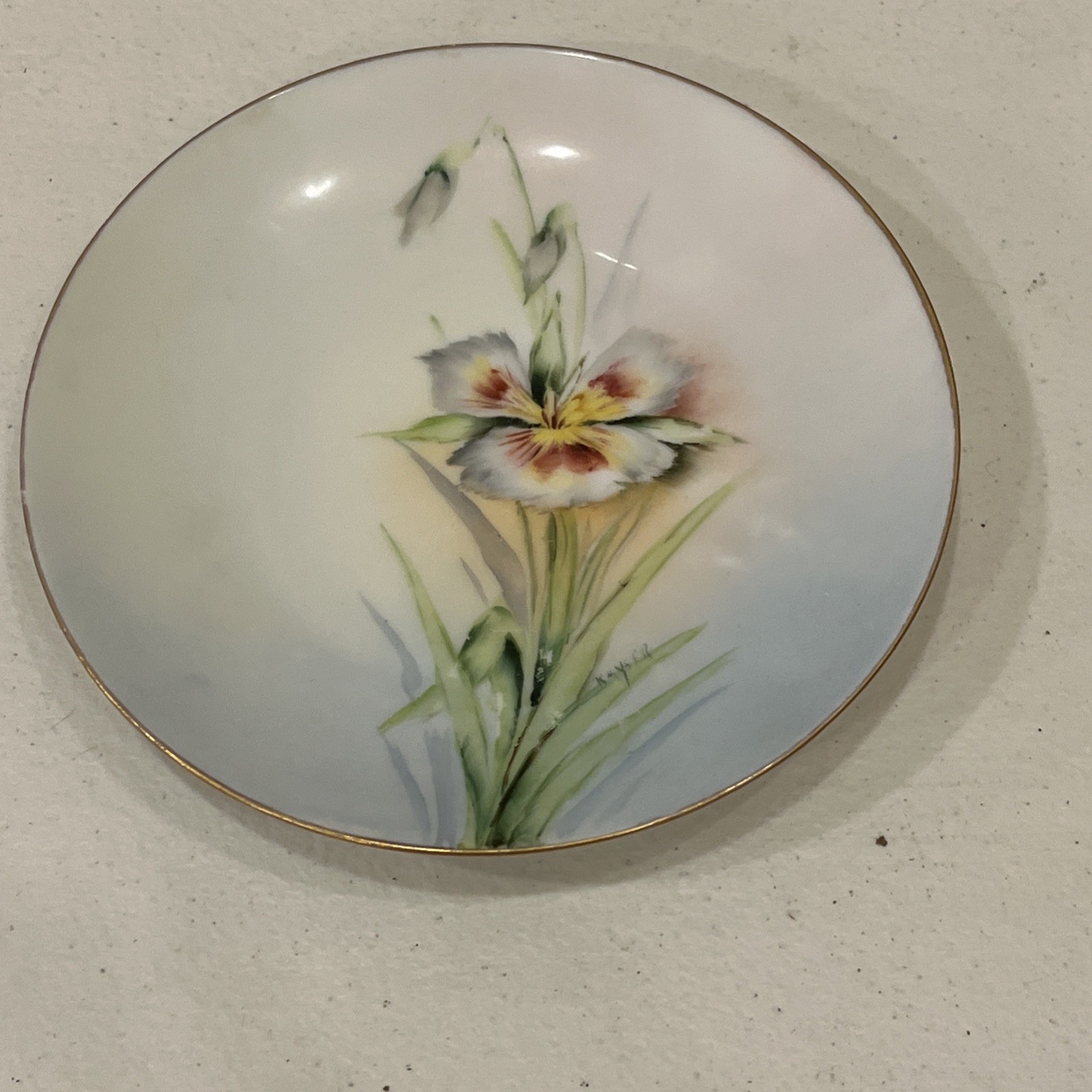 VTG Bavaria Plate Hand Painted Porcelain Signed Kayser Gold Trim 6” Iris Orchid