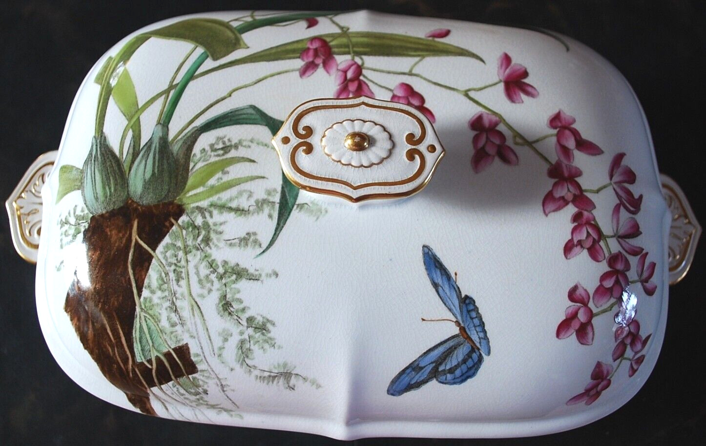 Antique 1883 MINTON COVERED LG SERVING TUREEN Hand Painted Butterflies & Flowers