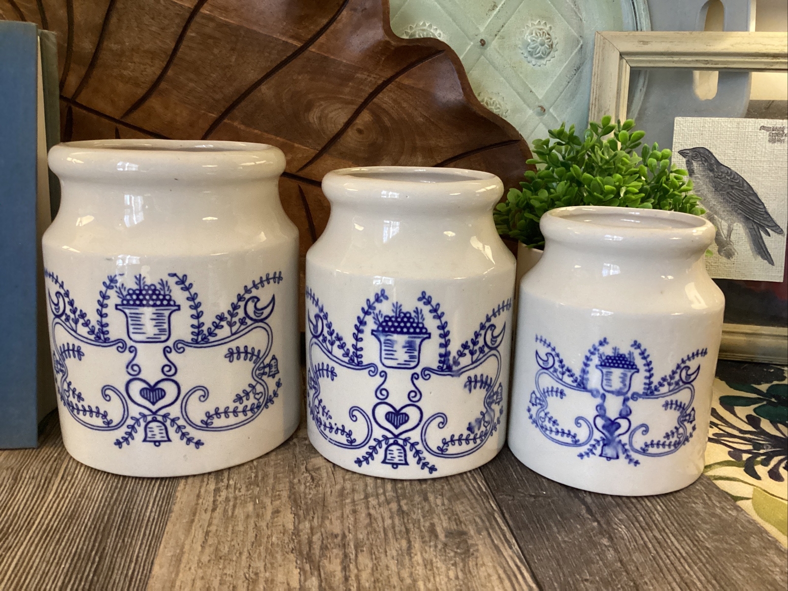 Vintage Pennsylvania Dutch Hand Painted Blue Heart Birds Leaves Folk Art Crocks
