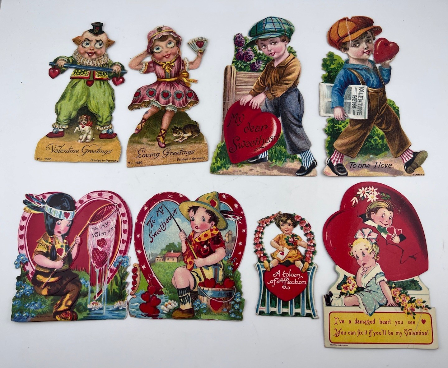 Lot Of 8 Antique Germany Valentine’s Day Card Lot - Some Mechanical - Marked
