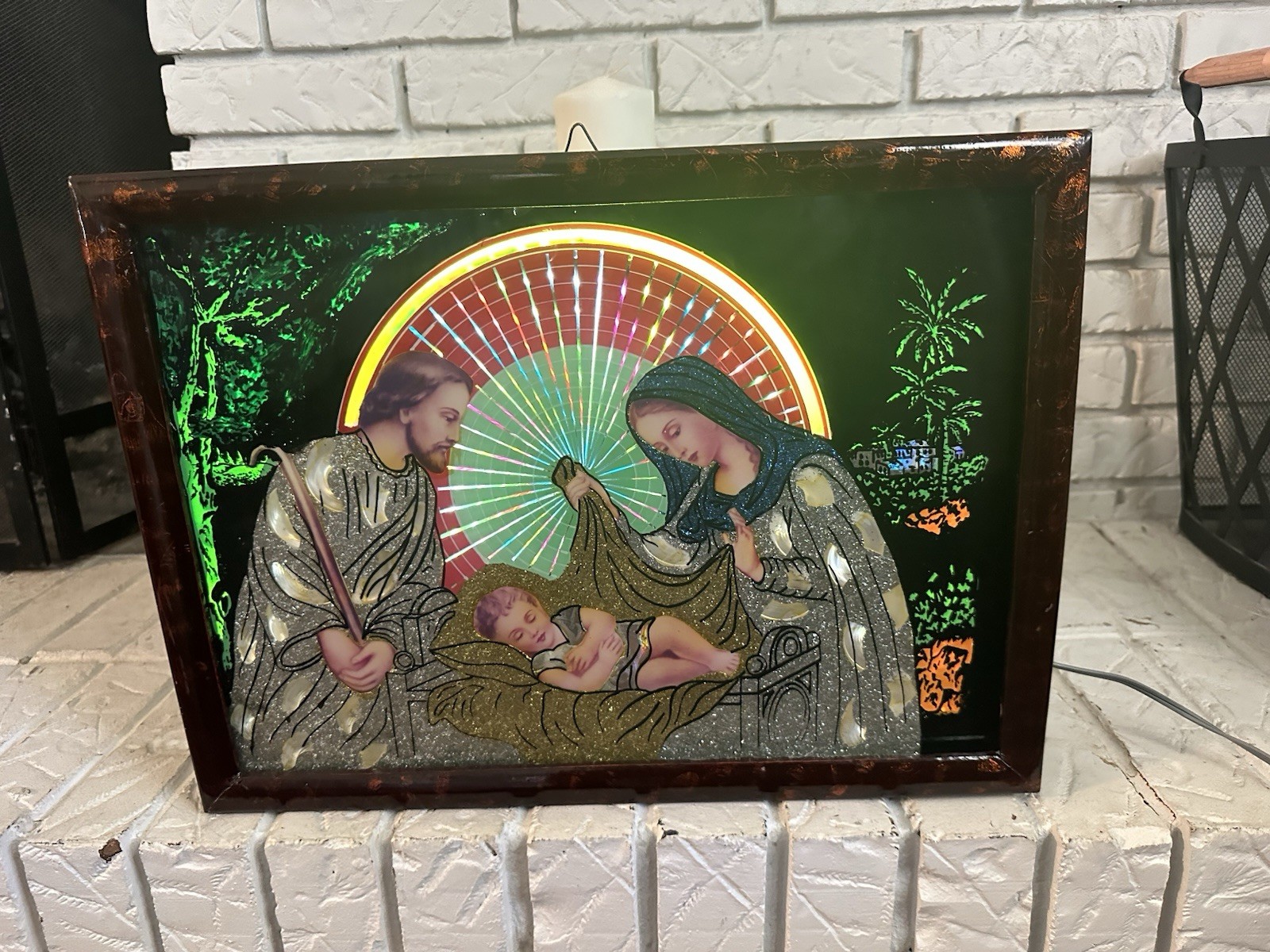 Vintage European Lighted Psychedelic Nativity Jesus Mary Joseph Wall Art Works