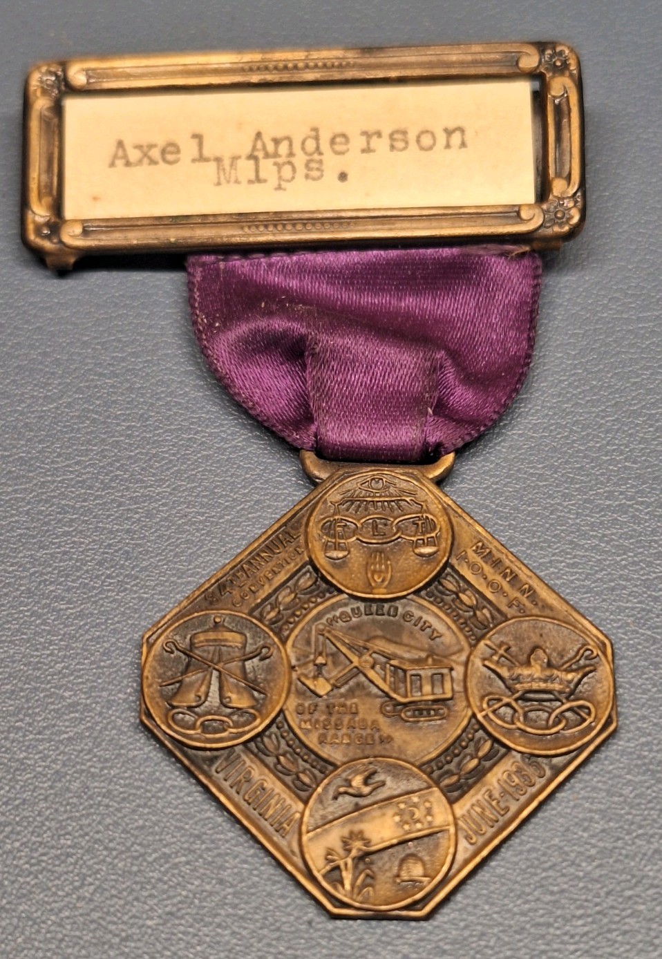 IOOF  LODGE #222 1936 RARE MEDAL WITH RIBBON 
