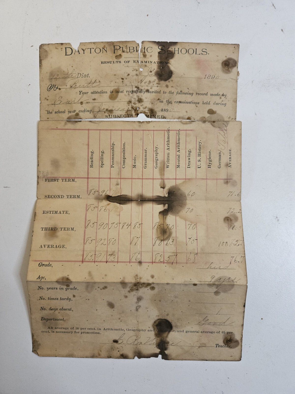 Antique 1890 Report Card, Dayton Public Schools - Earl Butt Historical Document 