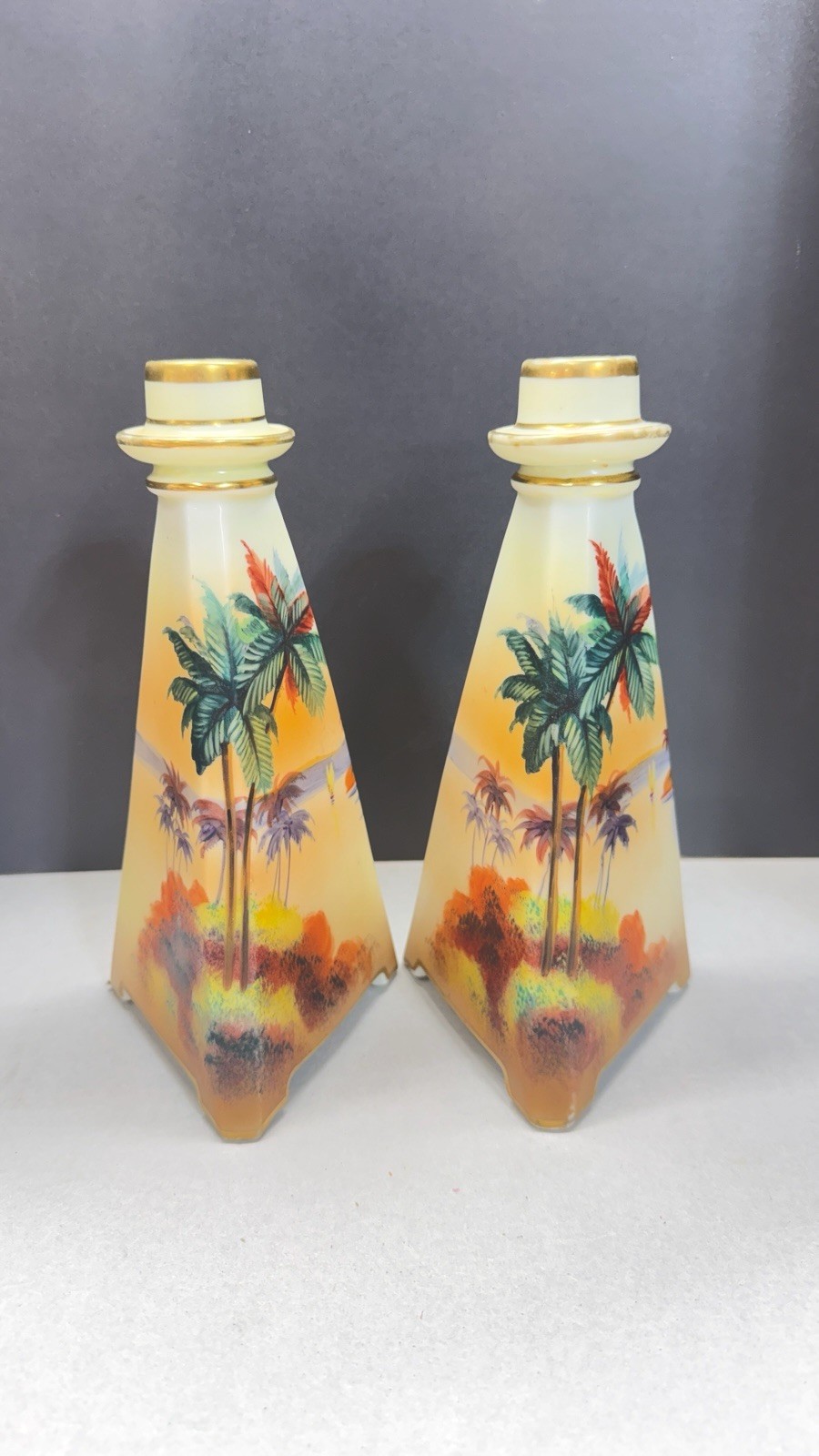 Antique Nippon Hand Painted Scenic Pyramid Candlesticks Pair Nile Palm Trees⁠