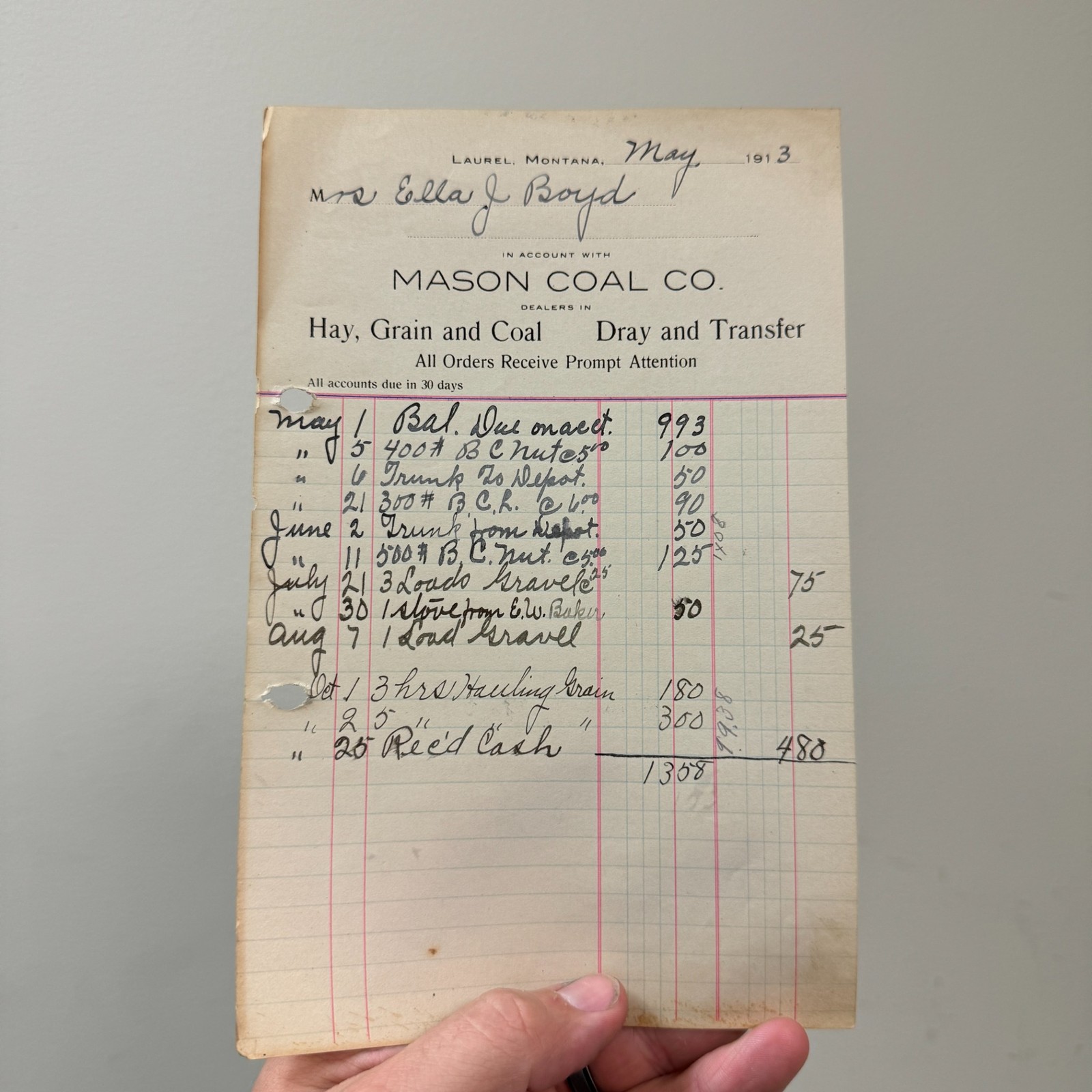 MASON COAL Co. Ephemera Laurel, MT Billhead 1913 Montana