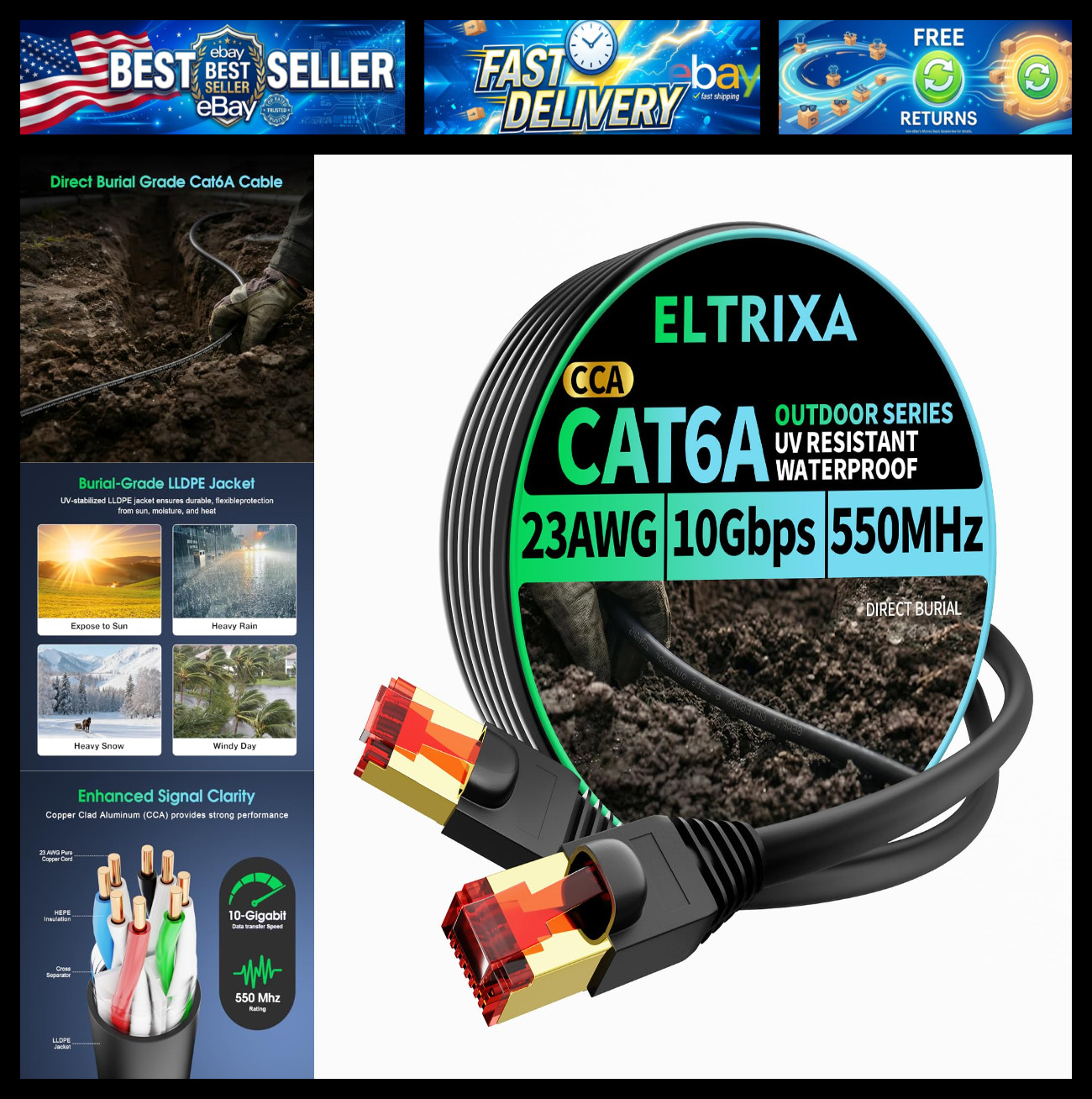 Cat6A Ethernet Cable 50FT, Outdoor Direct Burial 23AWG High Speed Up to 10Gbps,