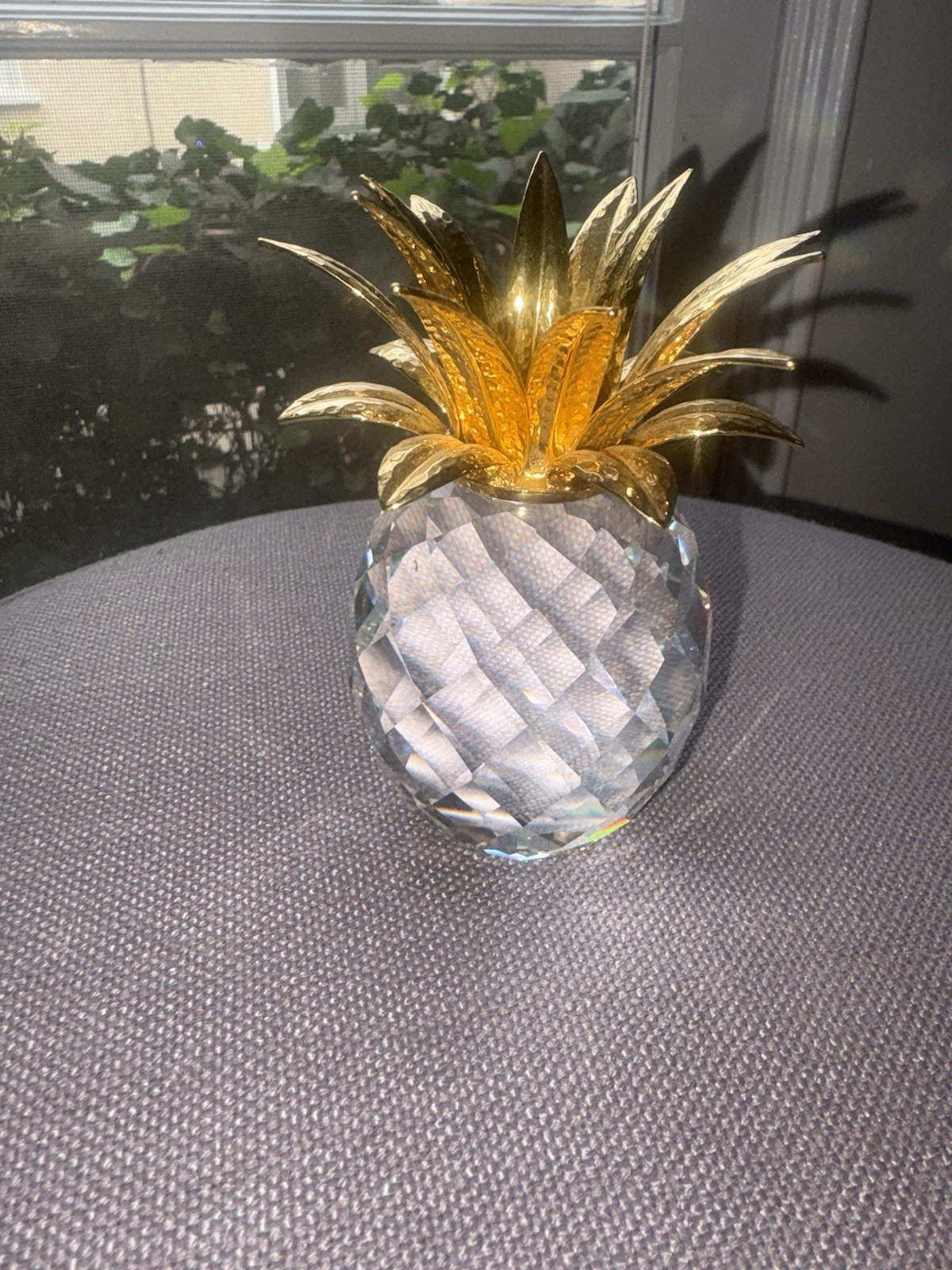 vintage Swarovski Crystal Pineapple Figurine Gold Tone Metal Leaves 