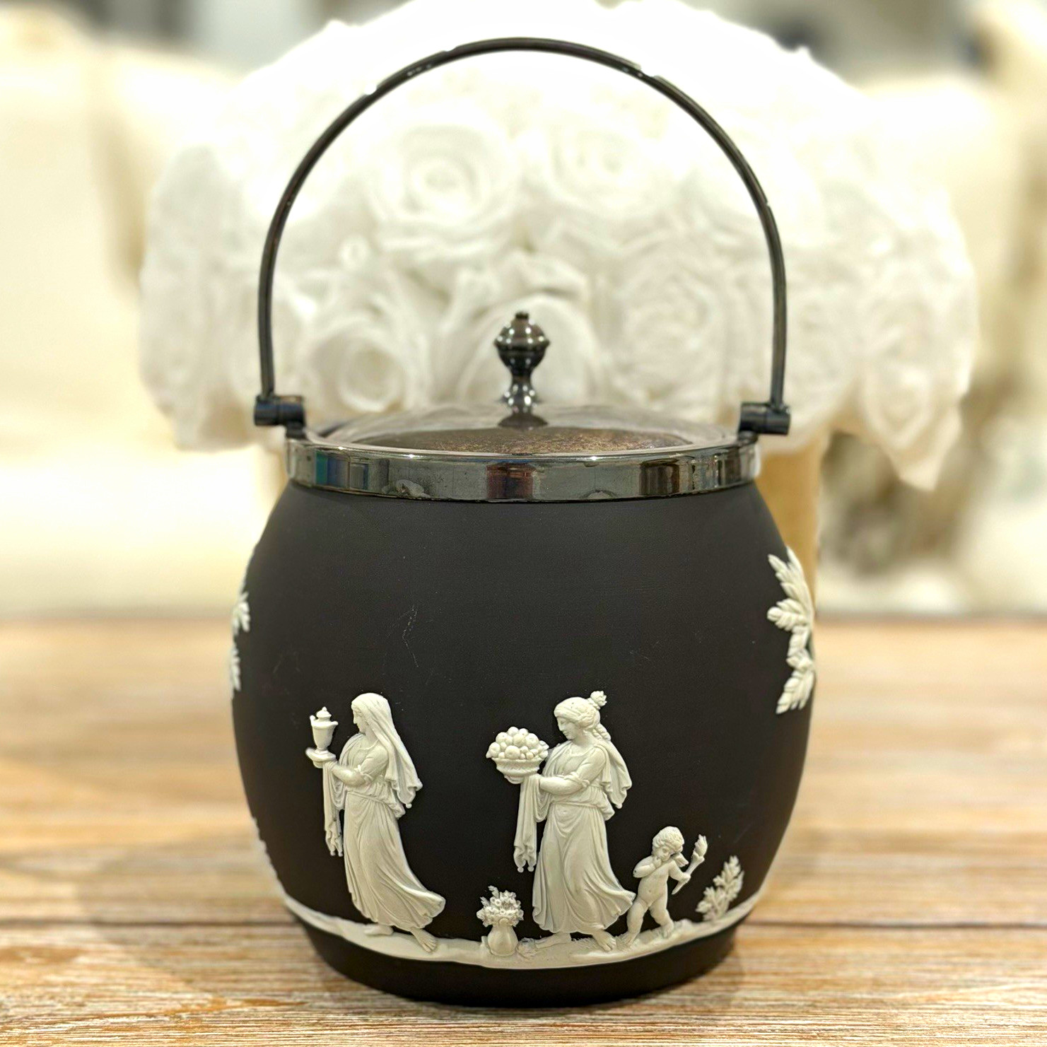 Vintage Wedgwood Black Basalt Jasperware Biscuit Jar Silver Plate Lid & Handle
