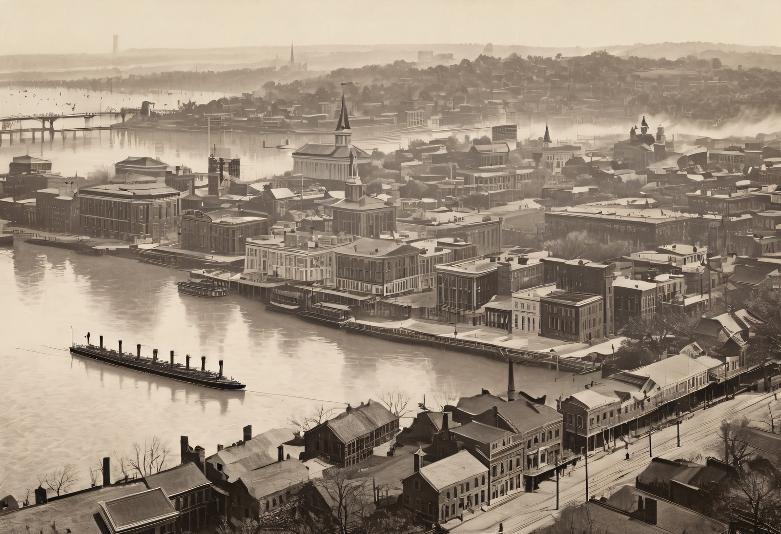 Cincinnati Bird\'s-Eye View - 1850s Riverfront - Antique Print