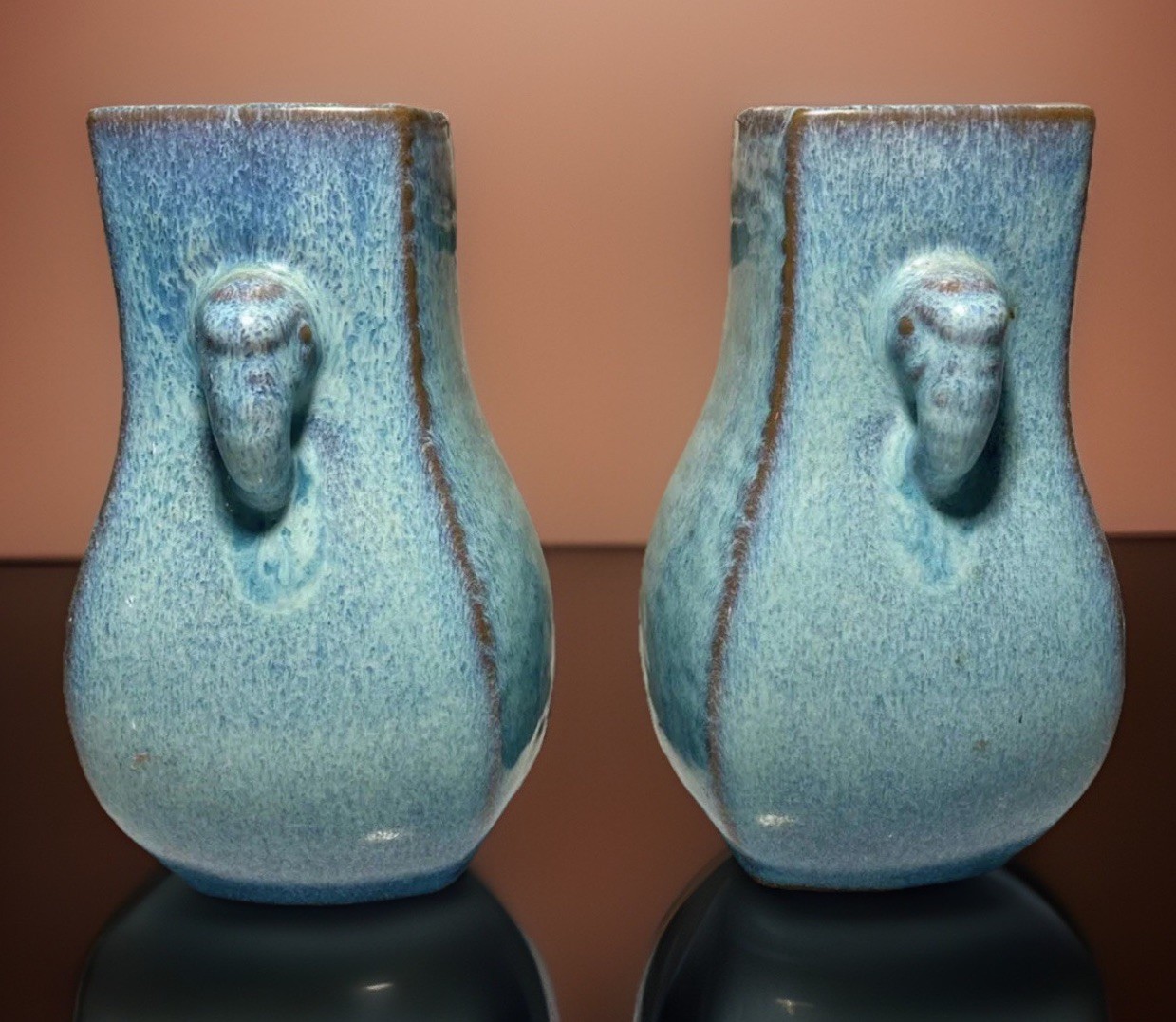 Vintage Pair Chinese Jun Kiln Stoneware Vases 6”x4”