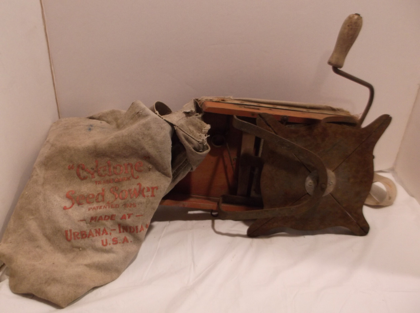 Vintage Cyclone Seed Sower Hand Crank Garden Primitive Bag Tool