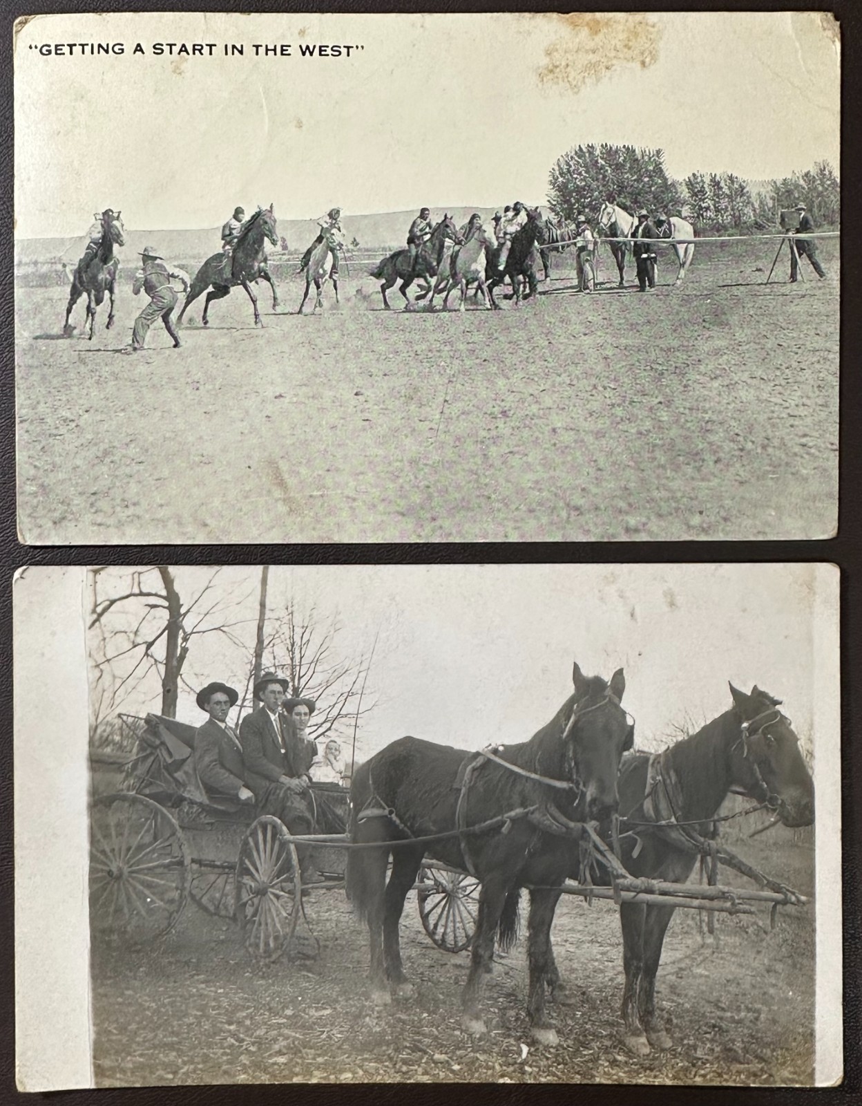 2 Antique Horse Postcards Western Cowboys & Family Wagon RPPC 1911