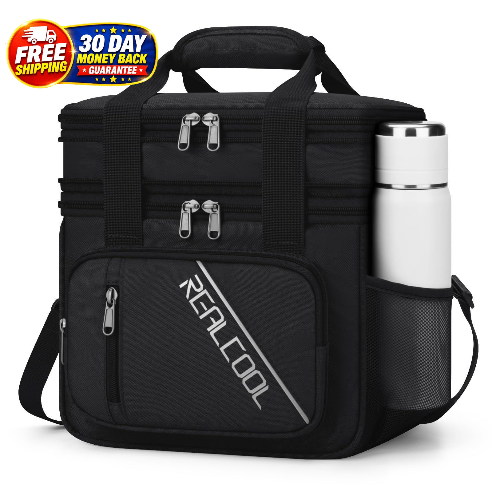 Lunch Bag, Insulated Box for Men Women, Double Large, Black
