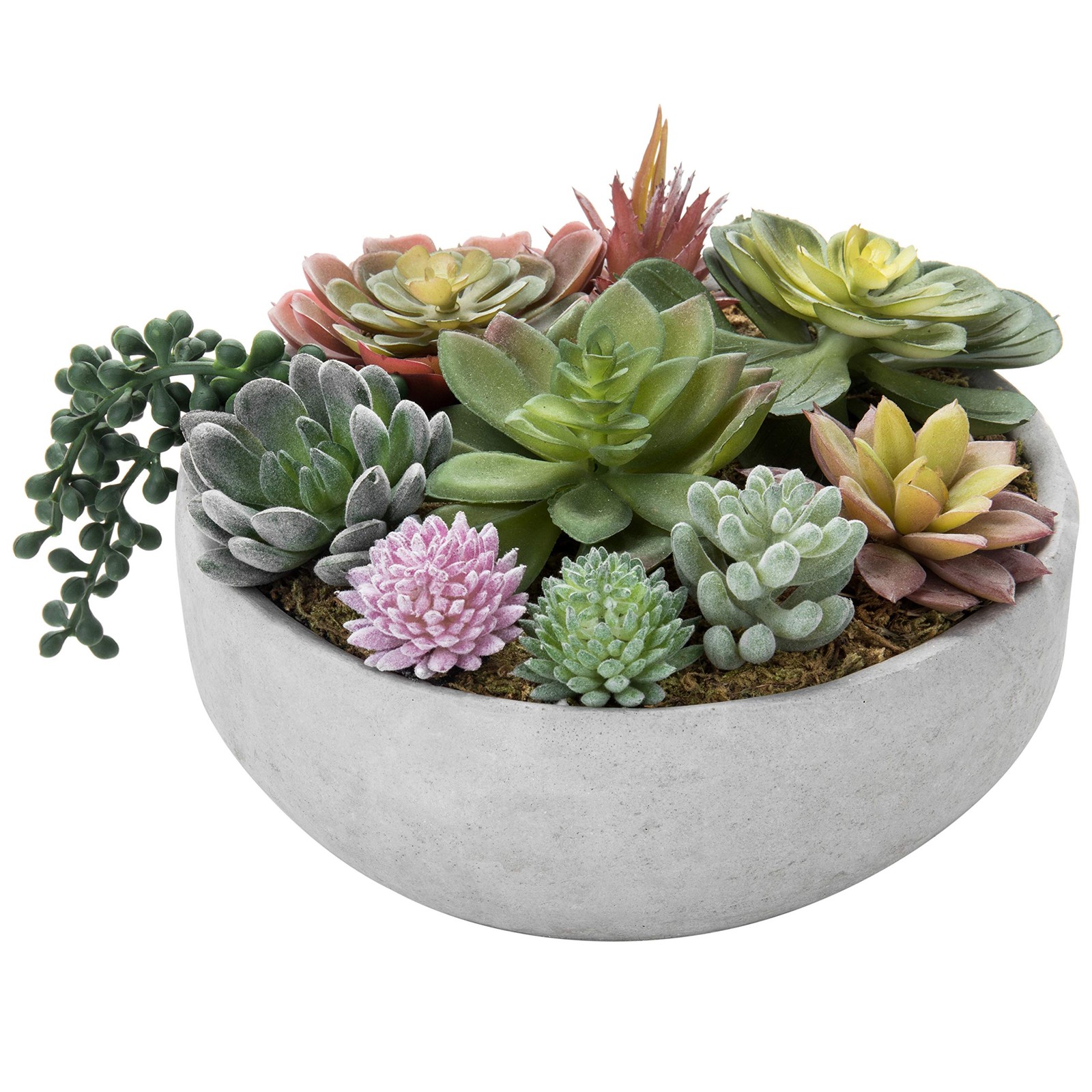MyGift 8in Round Artificial Succulent Plants Gray Concrete Bowl DECO1202GRY