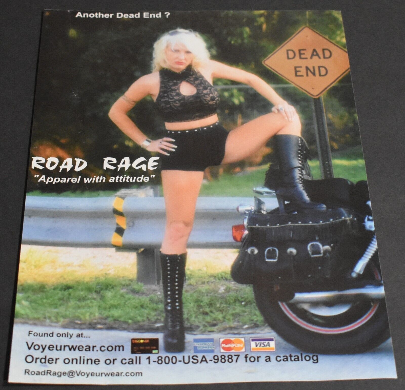 2000 Print Ad Voyeurwear Road Rage Apparel with Attitude Motorcycle Chick Art