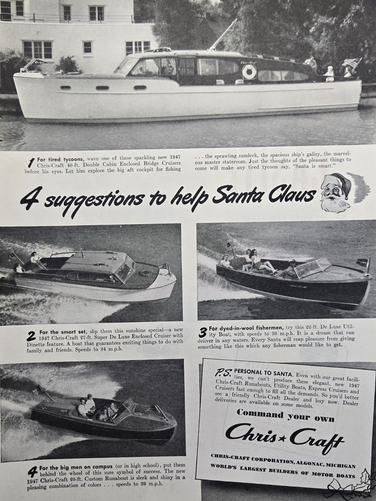 Chris Craft Boats Print Ad 1946 - Algonac MI Santa Claus Christmas Cruiser Yacht