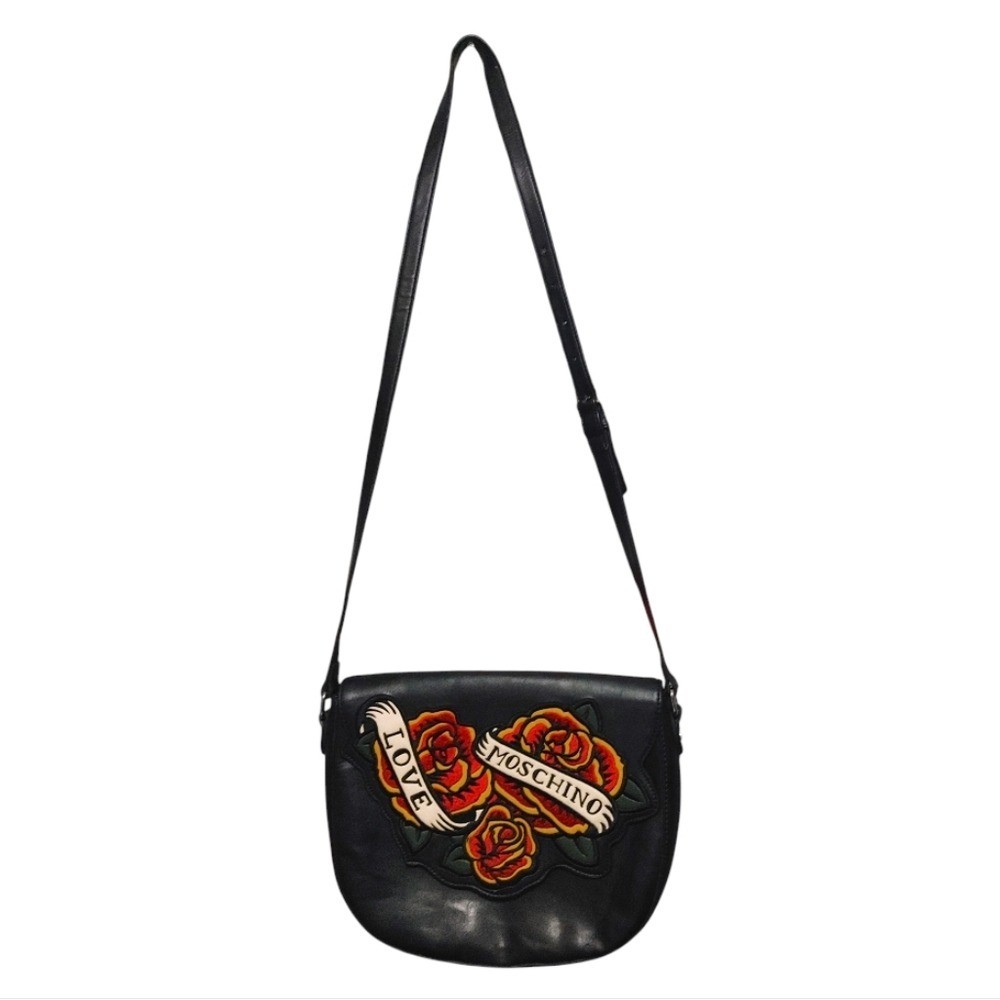 Love Moschino Black Leather Rose Tattoo Style Crossbody Saddle Bag Handbag Purse