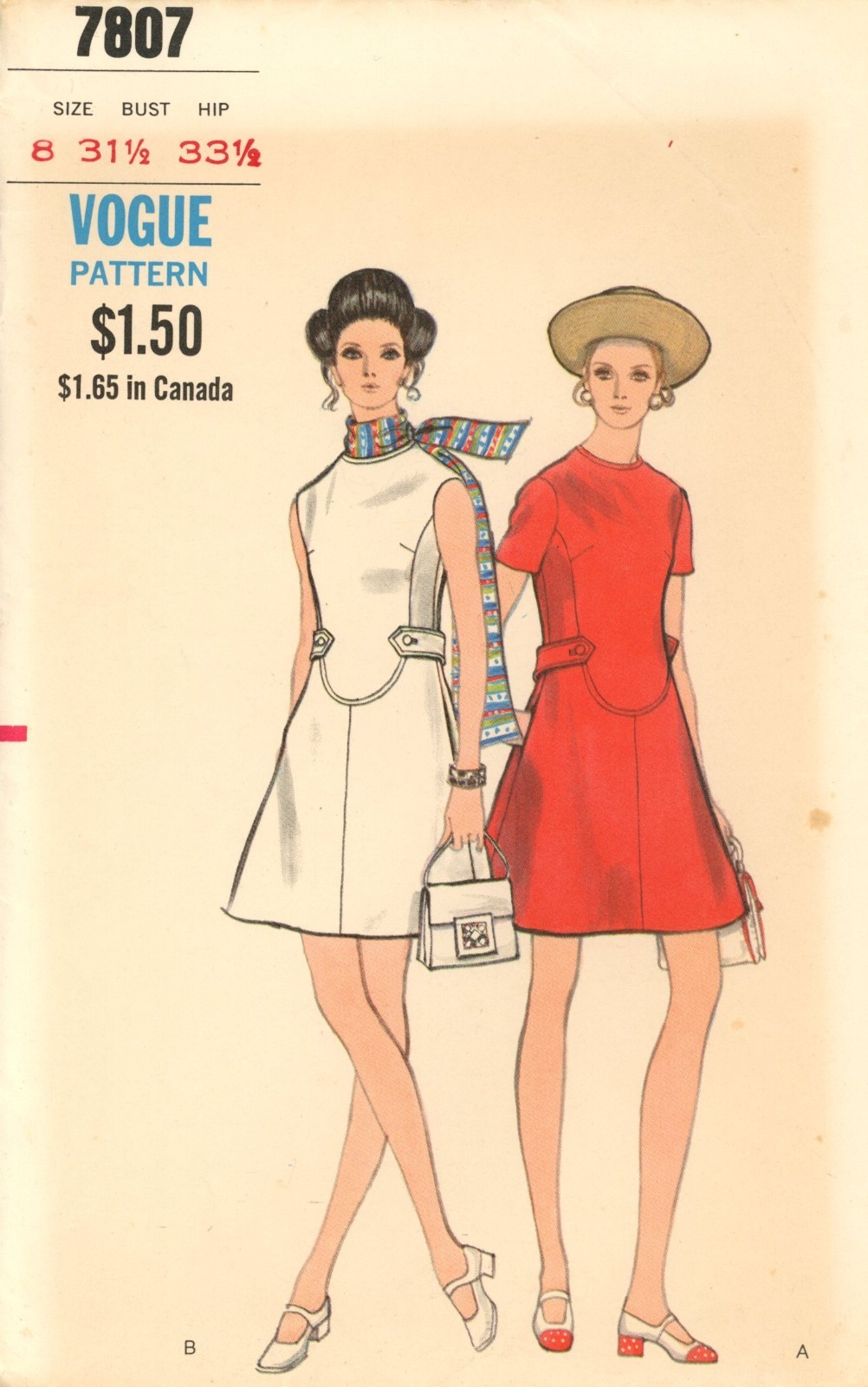 Vogue 7807 High-Fitted A-Line Dress w Buttoned Back Belt, Pockets Sz 8 COMPLETE