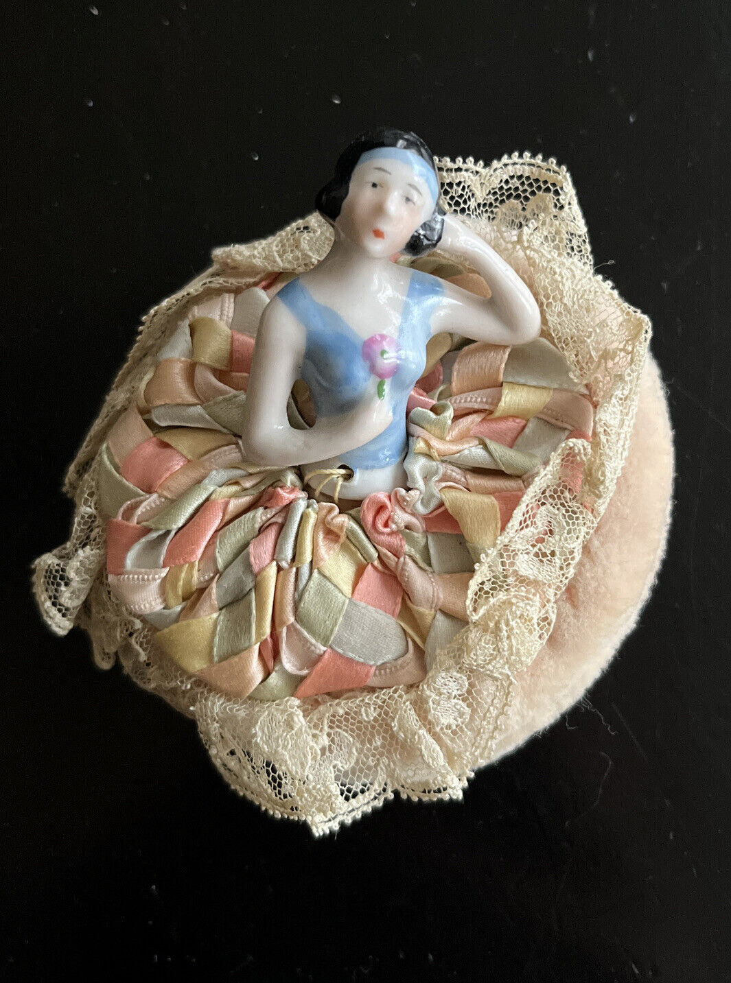 Vintage Makeup Puff with Ceramic Lady