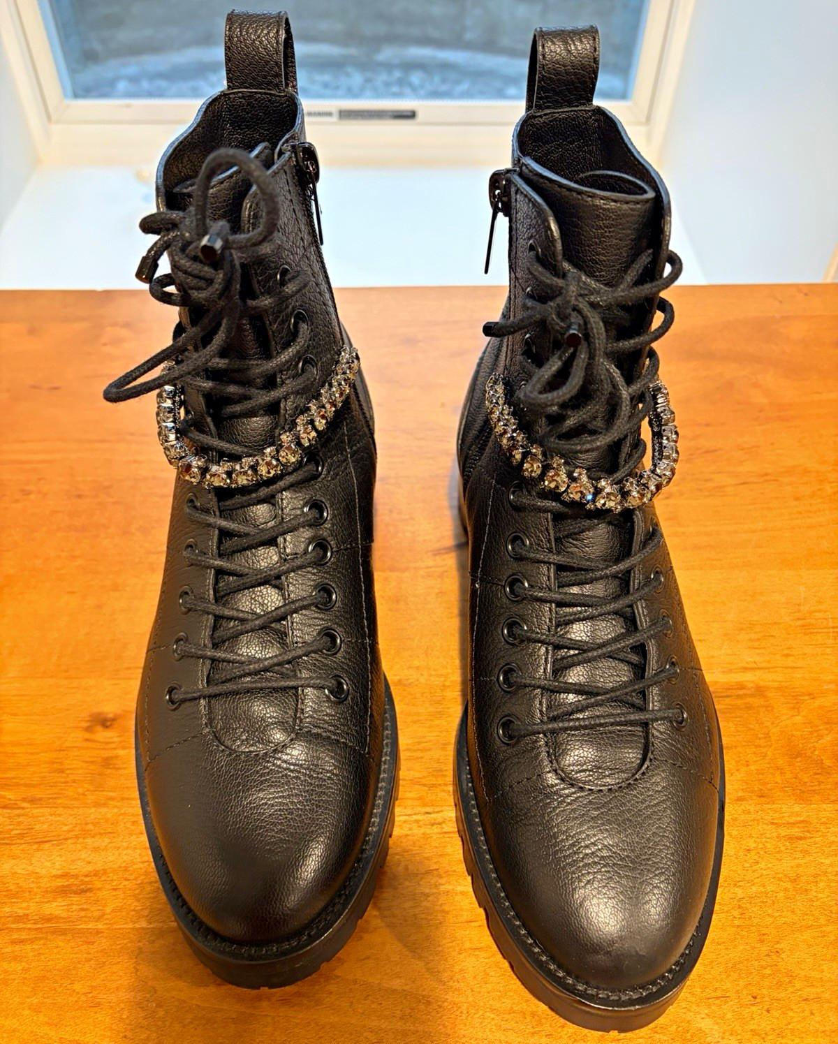 Jimmy Choo Women\'s Black Leather Combat Ankle Boots Lace-Up Side Zip Beaded 7