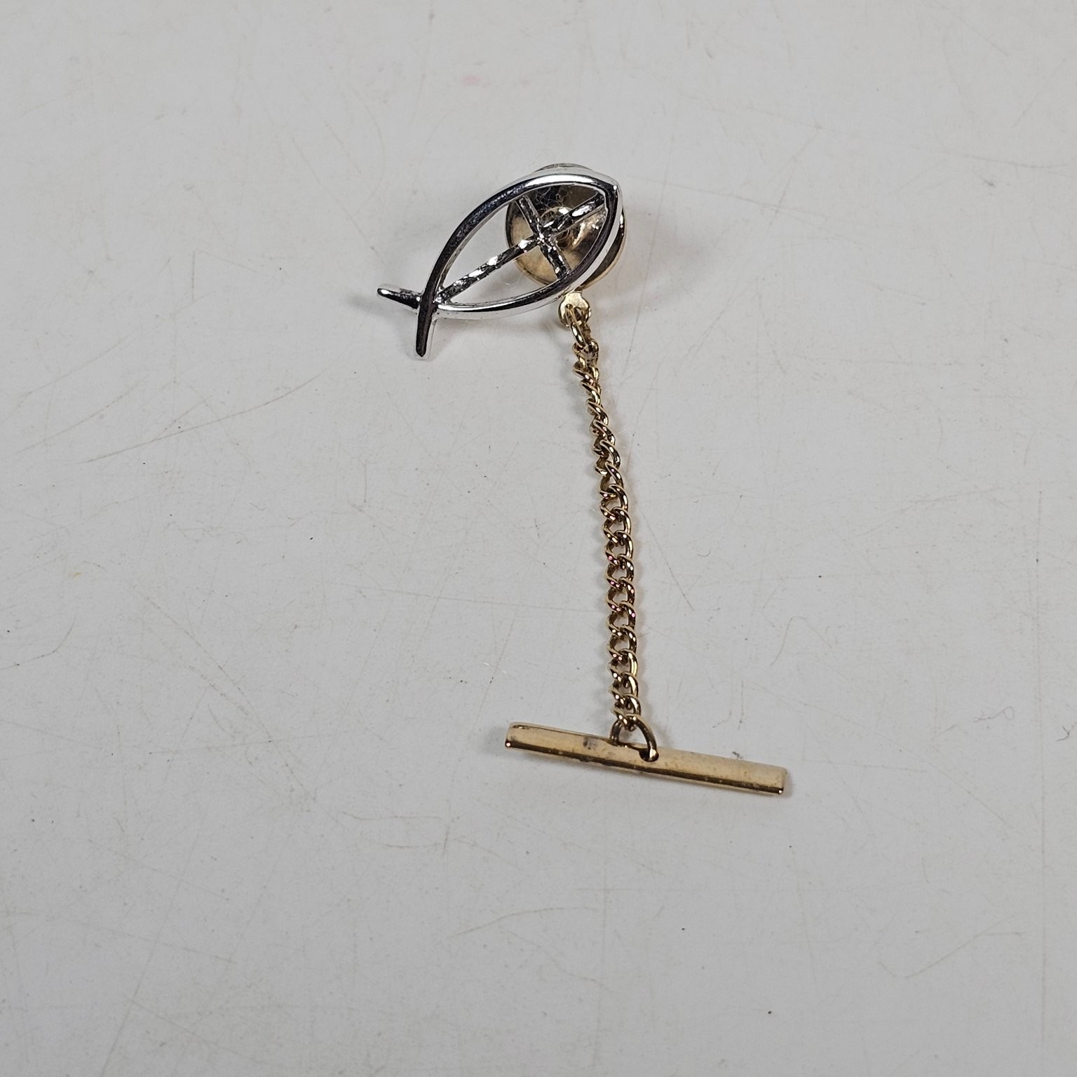 Vintage Anson Sterling Ichthus Christian Fish Cross Tie Tac Pin with Chain Box