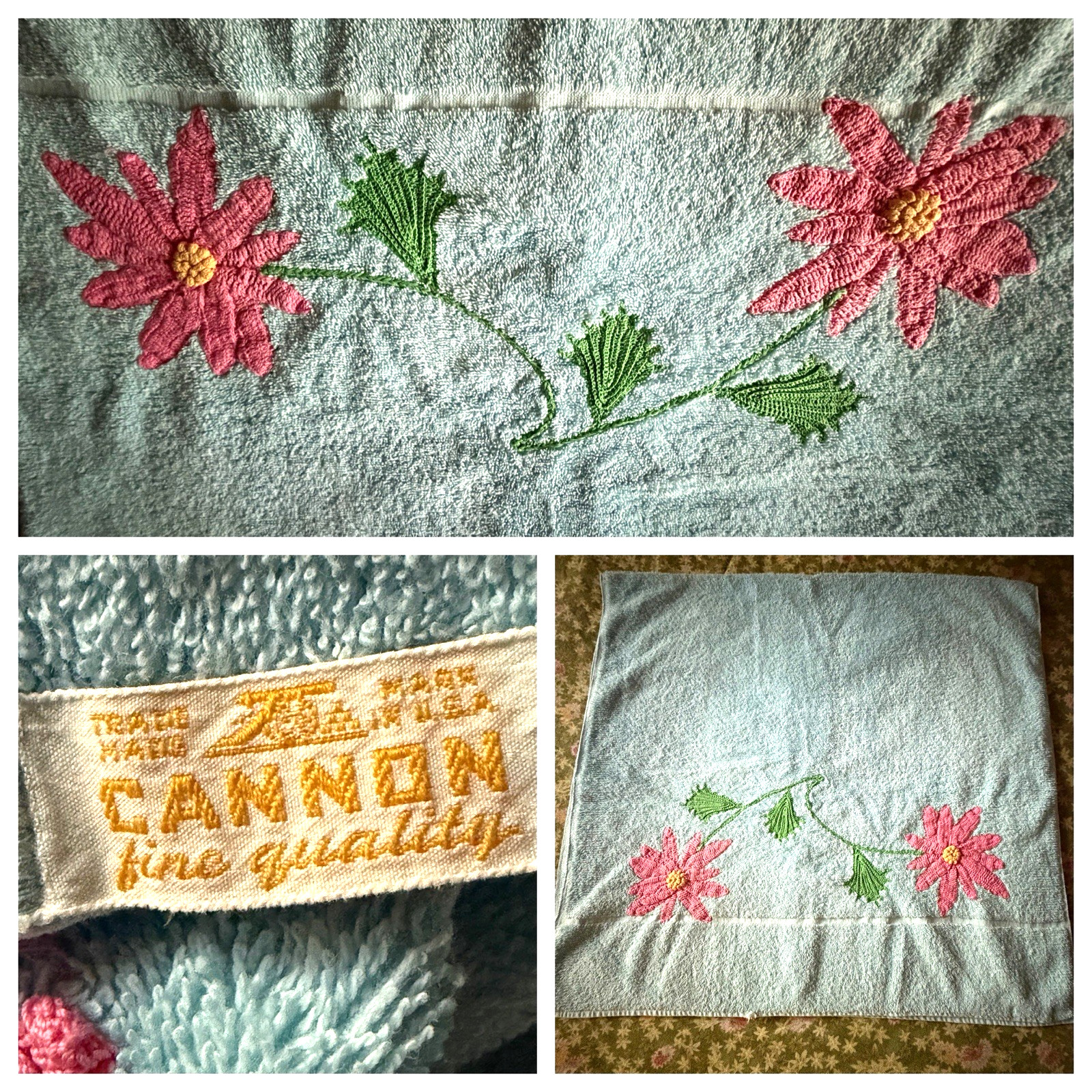 VTG 1960\'s CANNON BLUE TERRYCLOTH W/ CROCHET APPLIQUE BATH TOWEL -  24\