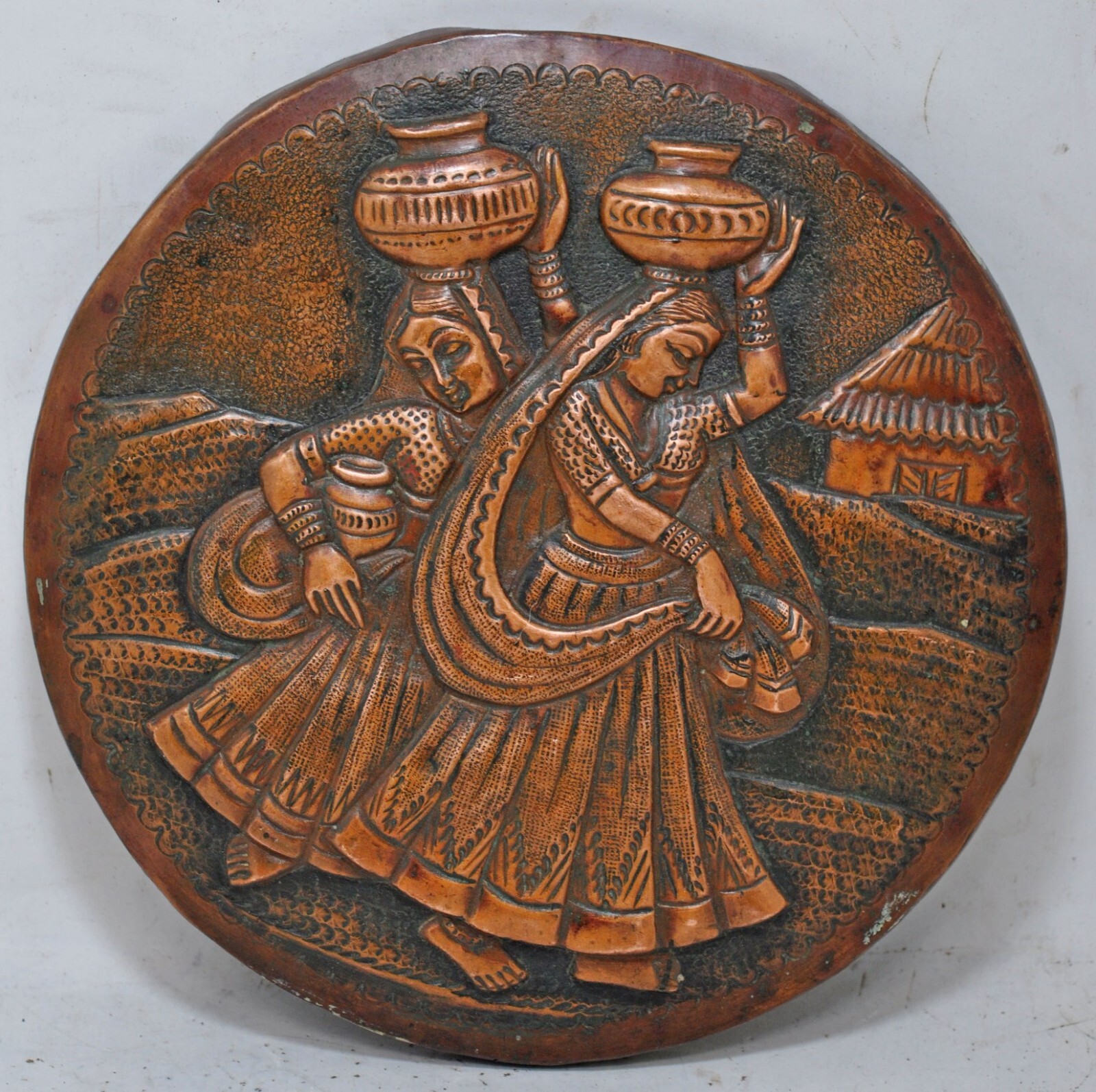 Antique Copper Round Ethnic Ladies Decorative Panel Original Hand Crafted Emboss