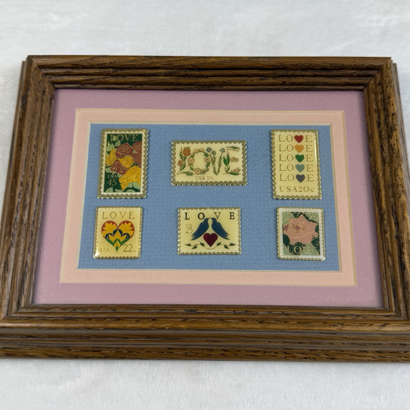 Vintage USPS LOVE Stamp Enamel Pin Set 6 Framed Matted Postal Collectible